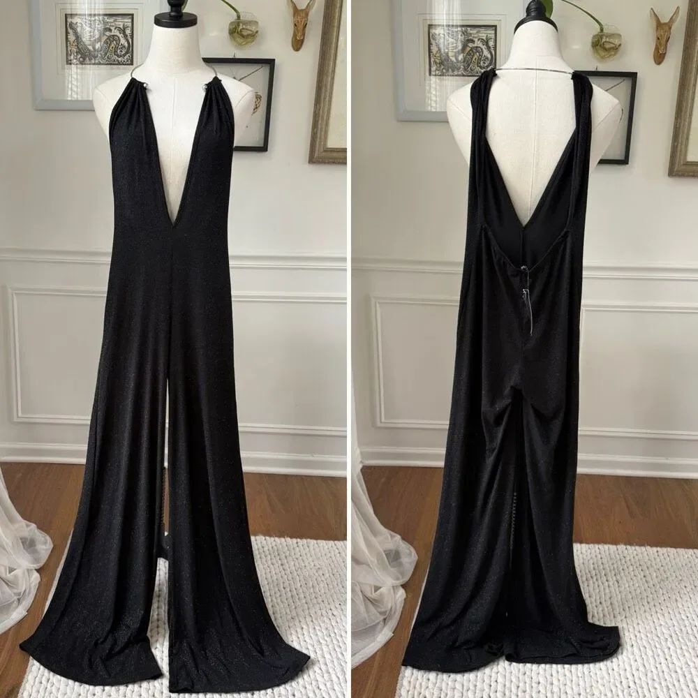 NWT Edge Black Metallic Shimmer Metal Choker Plunging Neckline Jumpsuit S